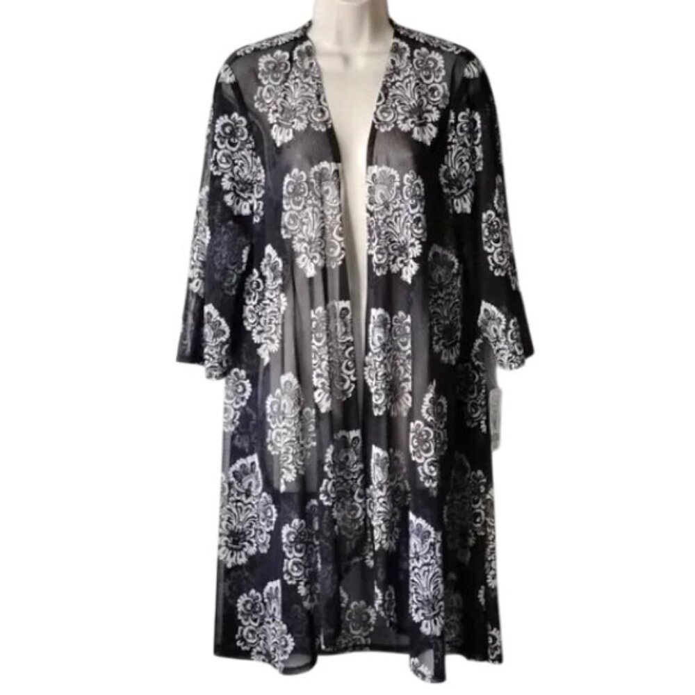 R&M Richards Pearl-Textured Sheer Mesh Duster Jacket 14 Charcoal Black White